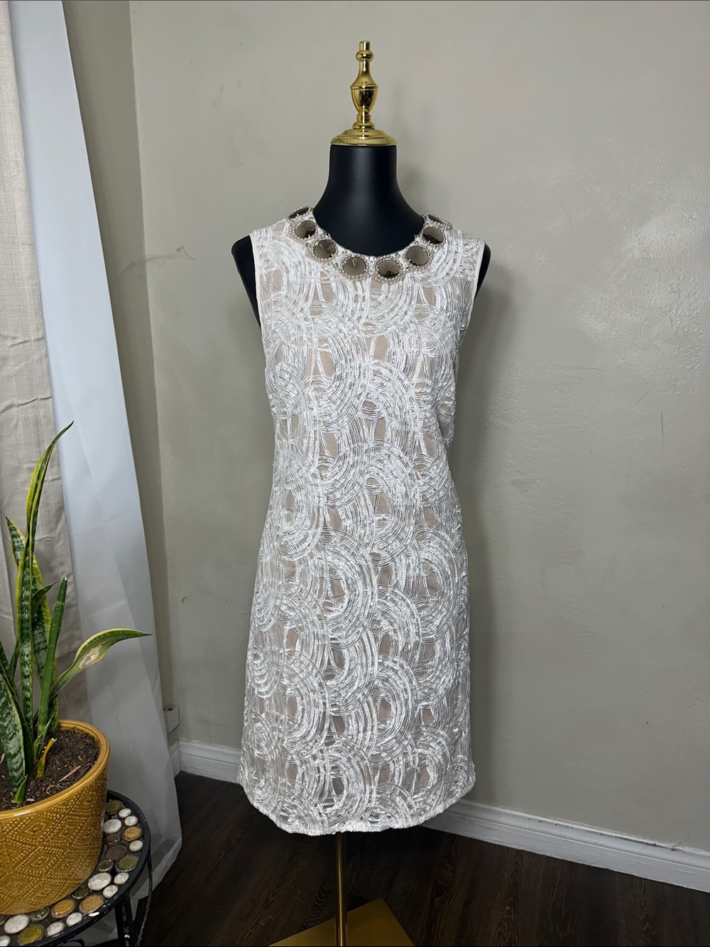Adrianna Papell White Lace Sheath Dress with Jeweled Collar